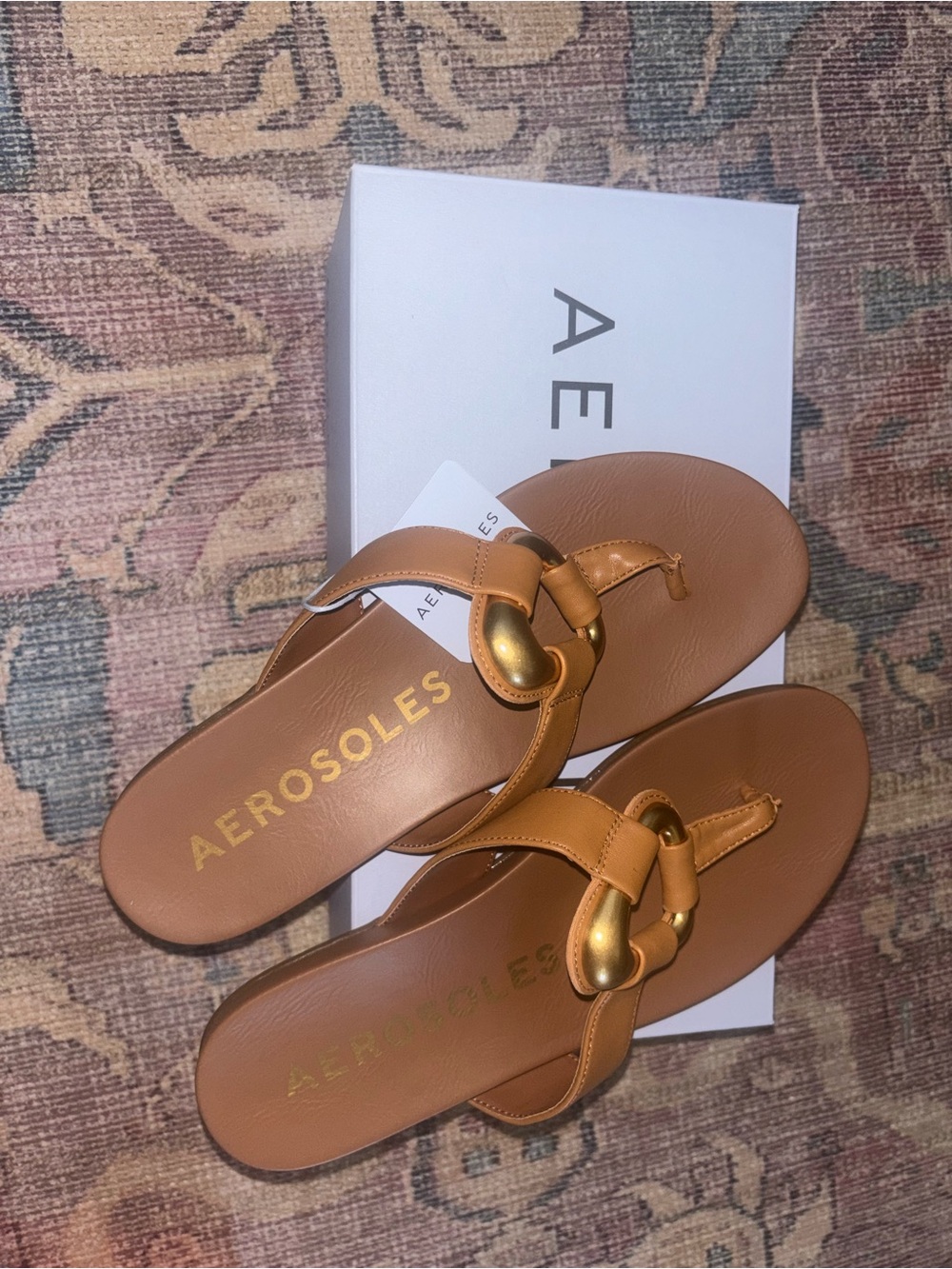 AEROSOLES Tan Leather Ring-Accent Thong Sandals